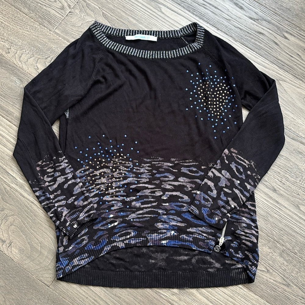 Desigual | Black and Blue Animal Print Patterned Sweater Size Extra Small
